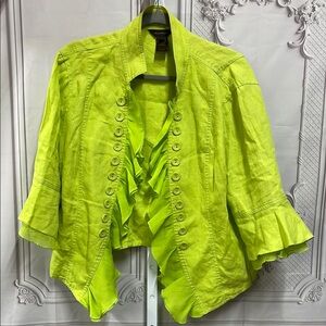 Multiples Lime Green Linen Ruffled 3/4 sleeves open front Jacket size PXL